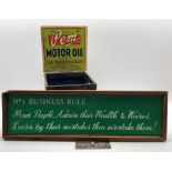 'Pem' Motor Oil advertising box, 'Electric Treatment' advertising plaque and tin advertising board,