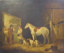Circle of George Moreland (British 1763-1804): Dogs and Horses in a Stable, oleograph 50cm x 60cm