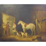 Circle of George Moreland (British 1763-1804): Dogs and Horses in a Stable, oleograph 50cm x 60cm