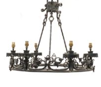 Early 20th century cast iron hanging six branch electrolier-chandelier of Gothic design, D61cm