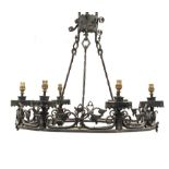 Early 20th century cast iron hanging six branch electrolier-chandelier of Gothic design, D61cm