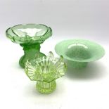 Vintage green glass pedestal bowl supported by three kneeling women H20cm, green Vasart type bowl a