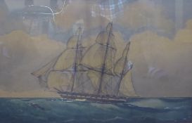 English School (Early 20th century): Fully Rigged Ship's Portrait, watercolour unsigned 27cm x 43cm