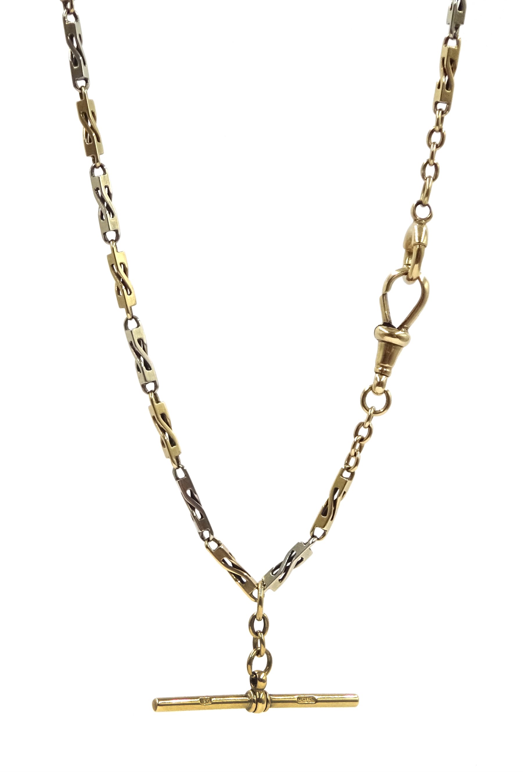 White and yellow gold link watch chain with sliding T bar, stamped 9ct, makers mark J G & S