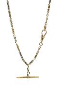 White and yellow gold link watch chain with sliding T bar, stamped 9ct, makers mark J G & S