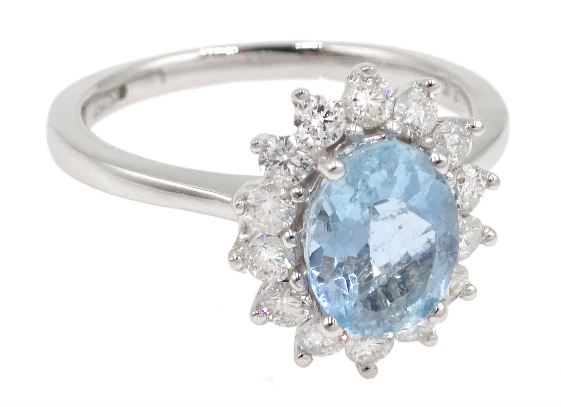 18ct white gold oval aquamarine and diamond cluster ring, hallmarked - Image 3 of 9