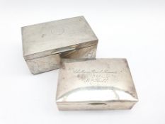 Engine turned silver cigarette box with initials and dated 1949 W14cm London 1922 and another with p