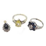 White gold sapphire and diamond cluster ring, white gold stone set ring and stone set pendant, all h