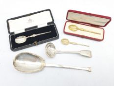 Victorian silver fiddle pattern sifting spoon, Art Deco silver serving spoon Sheffield 1926, two si