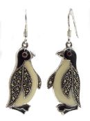 Pair of silver enamel and marcasite penguin pendant earrings, stamped 925