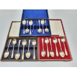 Set of six silver tea spoons with arched finials Birmingham 1948, another set initialled 'R' Sheffie