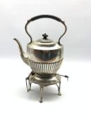 Silver oval spirit kettle with half body reeded decoration and presentation inscription on Adam desi