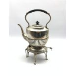 Silver oval spirit kettle with half body reeded decoration and presentation inscription on Adam desi