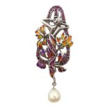 Silver plique-a-jour, ruby and pearl Art Nouveau style pendant brooch, stamped 925