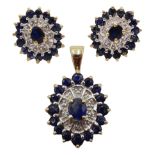 Pair of 9ct gold sapphire and diamond stud earrings and matching 9ct gold pendant, all hallmarked