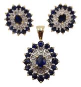 Pair of 9ct gold sapphire and diamond stud earrings and matching 9ct gold pendant, all hallmarked