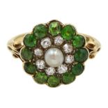 Edwardian gold demantoid garnet, diamond and pearl ring, stamped 18ct, makers mark T & C