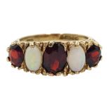 9ct gold five stone opal and garnet ring, hallmarked