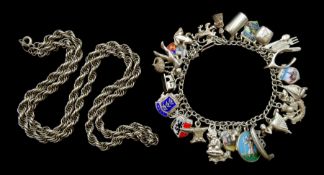 Silver charm bracelet, stamped or tested and a chain necklace