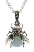 Silver opal and marcasite bug pendant necklace, stamped 925