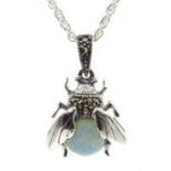 Silver opal and marcasite bug pendant necklace, stamped 925