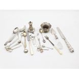 Number of silver condiment spoons, preserve spoon, tea spoons and other small silver items, weighabl