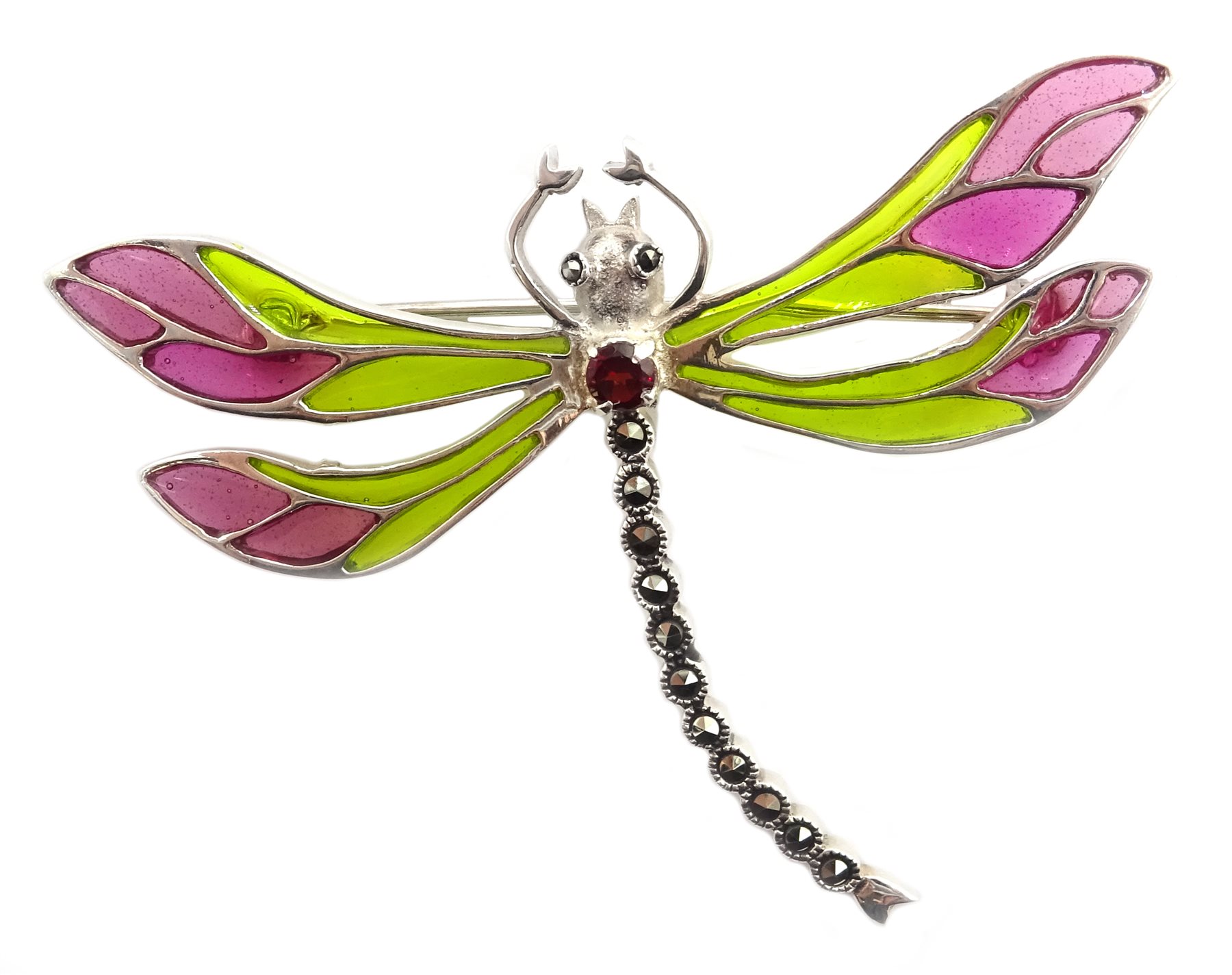 Silver plique-a-jour and marcasite dragonfly brooch, stamped 925