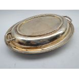 Silver oval entree dish and cover with beaded edge and two handles L28cm Sheffield 1933 Maker Viners