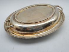 Silver oval entree dish and cover with beaded edge and two handles L28cm Sheffield 1933 Maker Viners