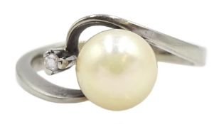 White gold diamond and cultured pearl ring, stamped 18ct