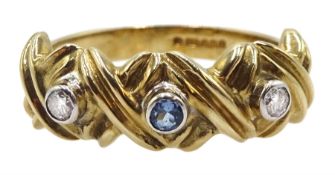 9ct gold three stone diamond and blue topaz ring, hallmarked