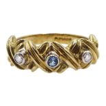 9ct gold three stone diamond and blue topaz ring, hallmarked