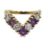 Gold amethyst and cubic zirconia wishbone ring,