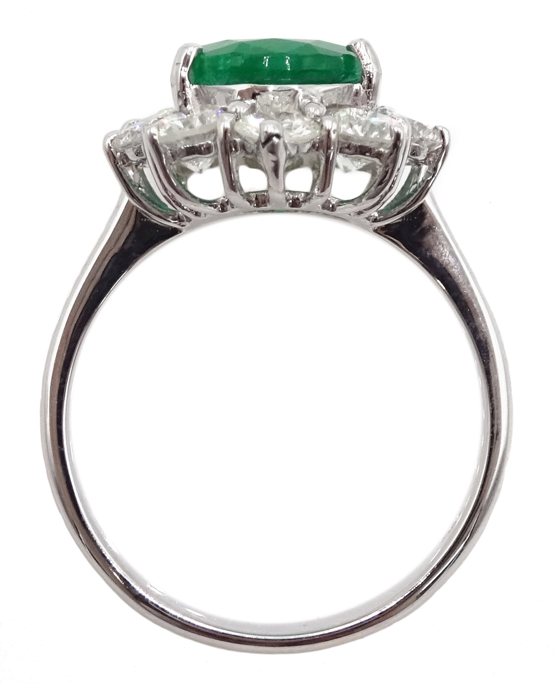 White gold oval emerald and round brilliant cut diamond ring, stamped 750, emerald approx 2.80 carat - Image 5 of 9