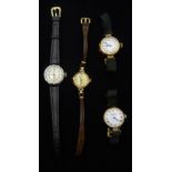 9ct gold manual wind wristwatch hallmarked, two gold-plated wristwatches and a silver ladies wristwa