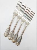 Four Victorian silver fiddle, thread and shell pattern table forks engraved with a monogram London 1
