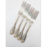 Four Victorian silver fiddle, thread and shell pattern table forks engraved with a monogram London 1