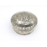 19th Century German silver circular box, the slightly domed lid embossed with battle scene, D11.5cm