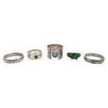 Silver blue topaz ring, sapphire ring and green stone set ring and two silver rings, all stamped 925