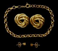Gold belcher link bracelet and two pairs of gold stud earrings, all hallmarked 9ct, approx 7.47gm