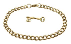 9ct gold curb link bracelet, stamped 375 and a 9ct gold 21 key charm hallmarked, approx 9.6gm