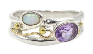 Silver and 14ct gold wire amethyst and opal ring, stamped 925