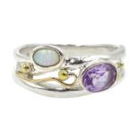 Silver and 14ct gold wire amethyst and opal ring, stamped 925