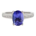18ct white gold oval tanzanite ring, with diamond set shoulders, hallmarked, tanzanite approx 1.70 c