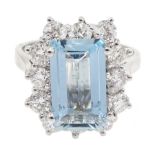 18ct white gold emerald cut aquamarine and diamond cluster ring, hallmarked, aquamarine approx 1.85