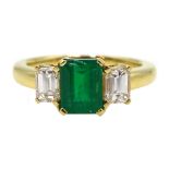 18ct gold emerald and baguette cut diamond ring, hallmarked, emerald approx 1.20 carat, diamond tota