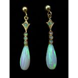 Pair of 9ct gold opal pendant earrings, stamped 375