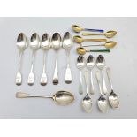 Five Norwegian sterling silver gilt and coloured enamel coffee spoons, six silver trefid end coffee
