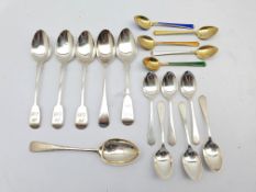 Five Norwegian sterling silver gilt and coloured enamel coffee spoons, six silver trefid end coffee