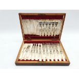 Four Edwardian dessert knives and forks with engraved silver blades and mother of pearl handles Shef